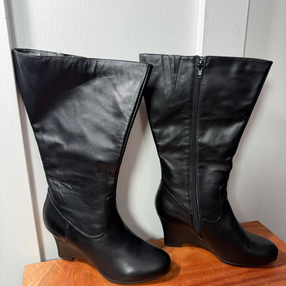Fitzwell Black Leather Wedge Knee High‎ Boots Women's Size 7 1/2 M